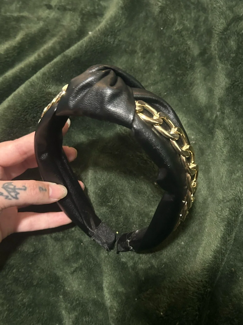 Black Faux Leather Headband with Gold Chain Accent